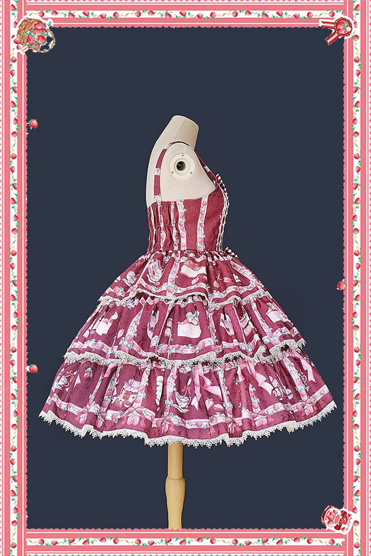 Strawberry Afternoon Tea Cake Ice Cream Print Bowknot Sleeveless Sweet Lolita Tiered Dress 3 Colors - Product - 8