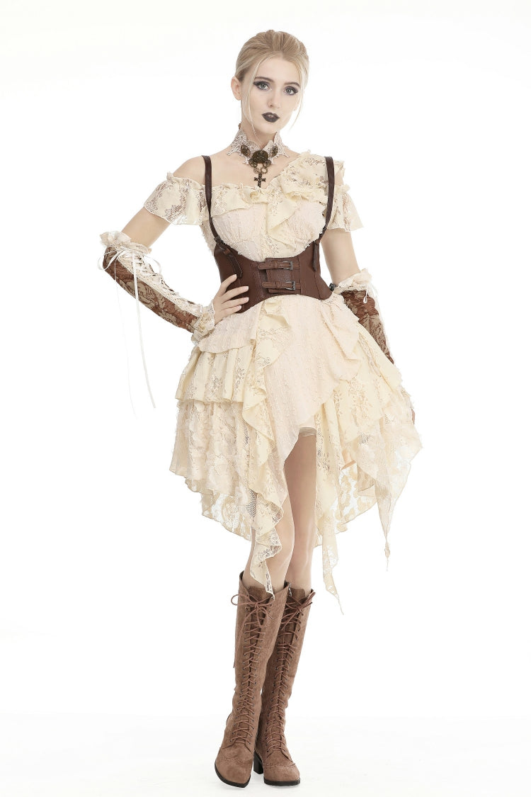 Beige Irregular Multi-Layered Ruffled Lace Women's Steampunk Vintage Dress - Product - 8