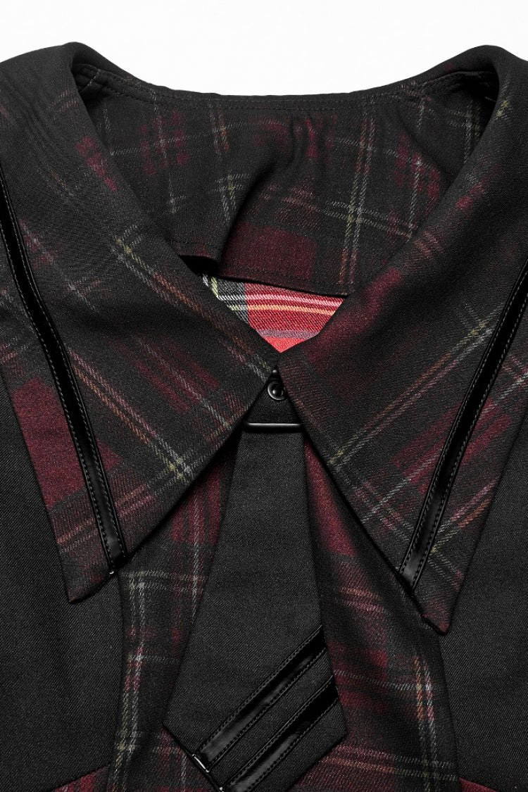 Black/Red Long Lantern Sleeves Plaid Print Detachable Lace-Up Women's Punk College Style Dress - Product - 8