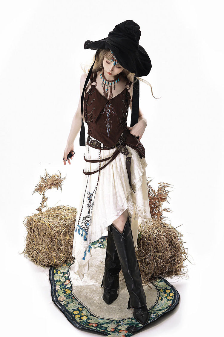 Brown/White [Dune Shadow Seeker] Sleeveless Ruffled Embroidered Irregular Vintage Lolita Skirt Set - Product - 14