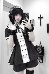 Black/White [Offbeat Confession] Long Short Sleeves Printed Ruffled Bow Gothic Jirai Kei Japanese Dress and Shorts Set - Black/White - 5