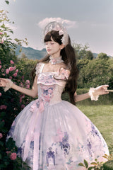 [Morning Dew Rose] Square Collar Flutter Sleeves Printed Embroidered Bow Sweet Chinese Inspired Lolita Jsk Dress 2 Colors (Blue, Green) - Product - 9