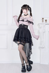Jirai Kei Fake Two Pieces Off Shoulder Long Sleeves Ruffle Bowknot Lace Gothic Dress 2 Colors - Product - 7