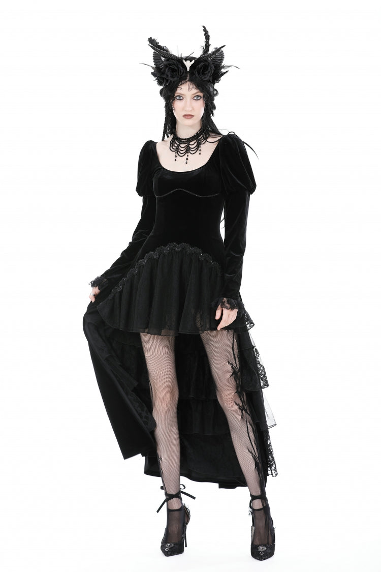 Black Round Collar Long Puff Sleeves Lace Lace-Up Hem High Low Women's Gothic Velvet Wedding Dress - Product - 11