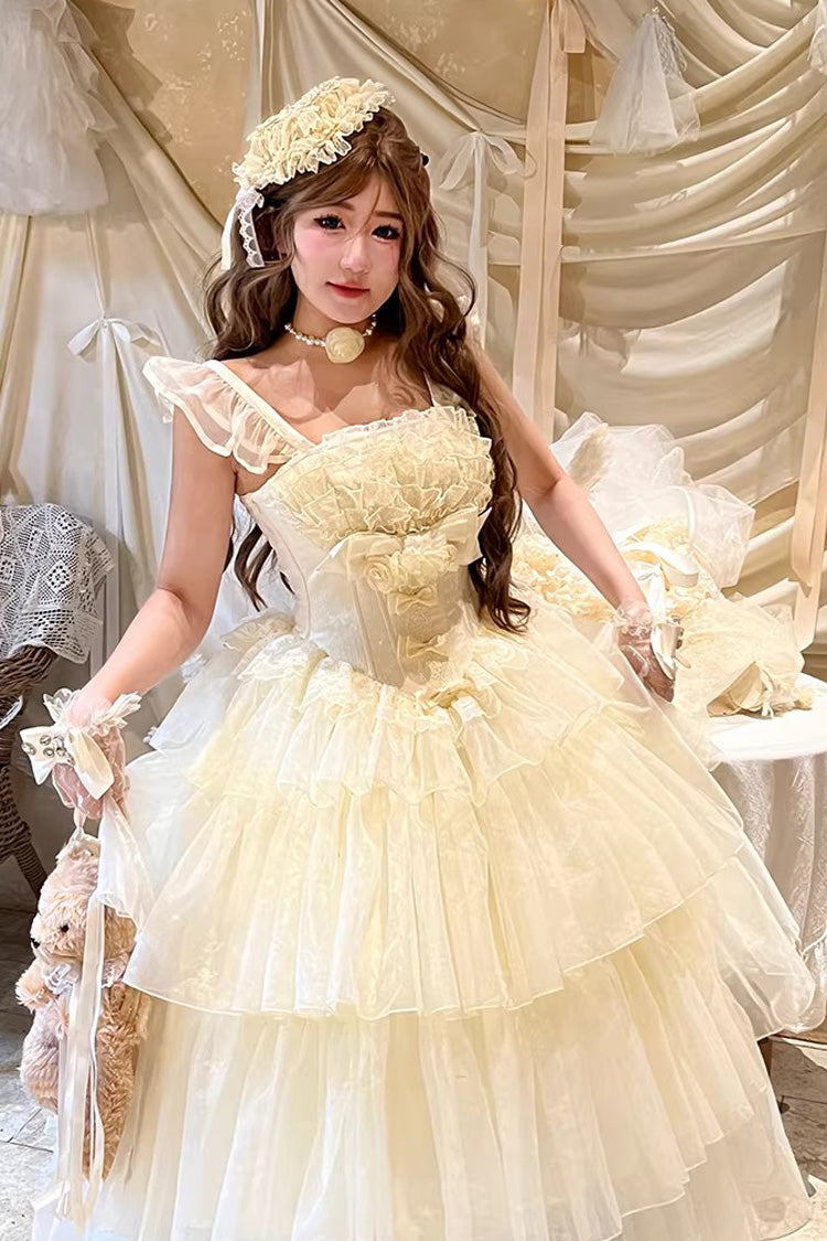 Beige [Mousse Serenade] Triple-Layered Ruffled Hanayome Bow Lace Sweet Princess Lolita Strapless Dress - Product - 8