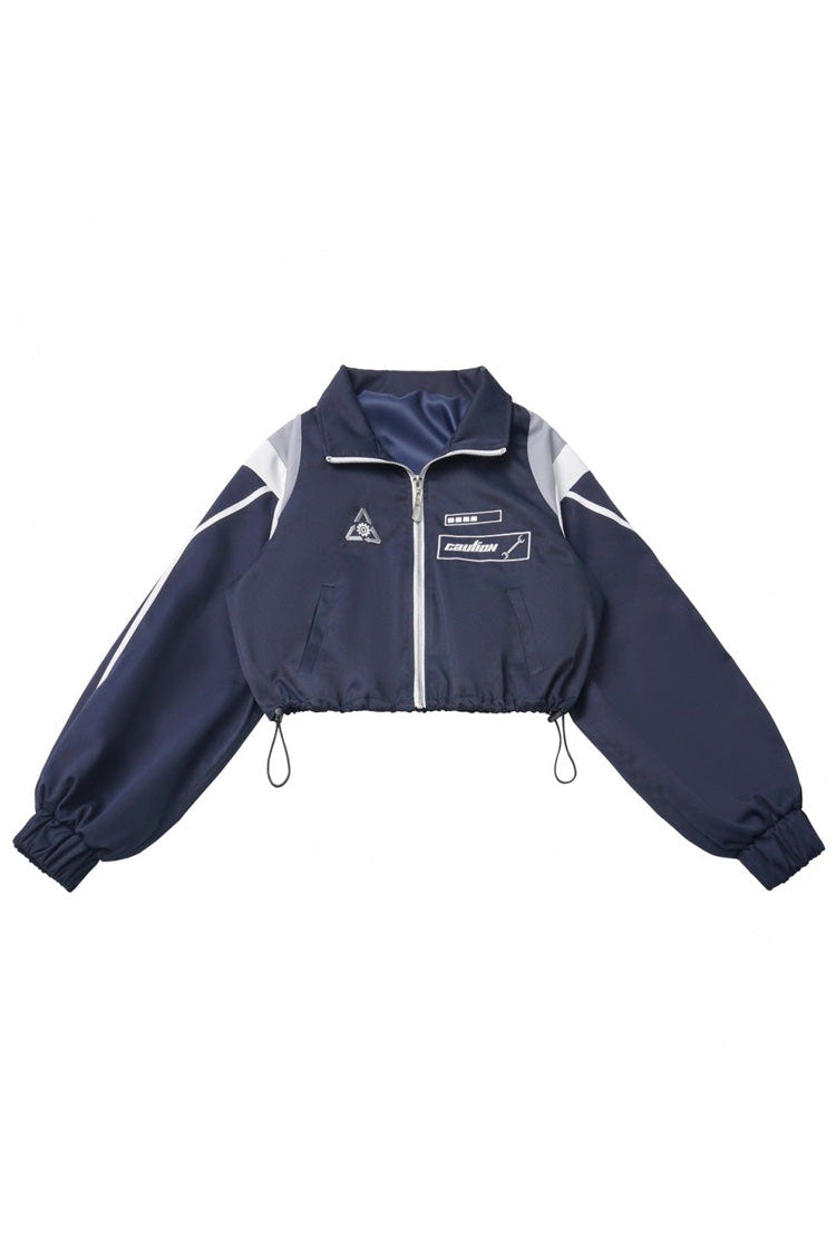 Blue/White [Message Overload] Techwear Long Sleeves Embroidered Asymmetric Zippered Jirai Kei Dress Short Coat Set - Coat - 7