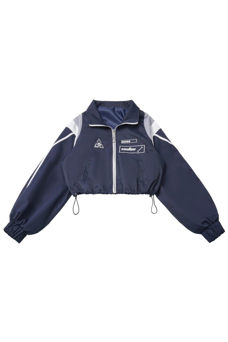 Blue/White [Message Overload] Techwear Long Sleeves Embroidered Asymmetric Zippered Jirai Kei Dress Short Coat Set - Coat - 7