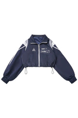 Blue/White [Message Overload] Techwear Long Sleeves Embroidered Asymmetric Zippered Jirai Kei Dress Short Coat Set - Coat - 7
