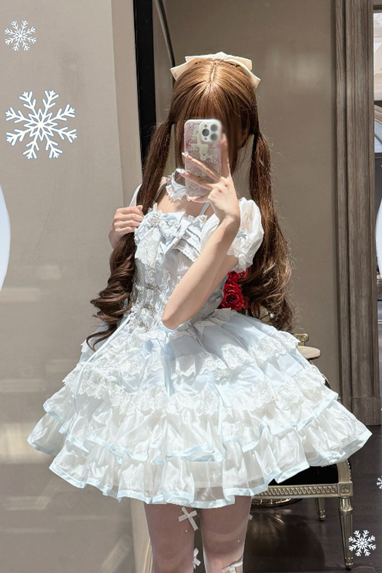 White/Blue [Ice Dance] Short Sleeves Multi-Layered Ruffle Embroidery Bowknot Lace Sweet Lolita Dress - Product - 5