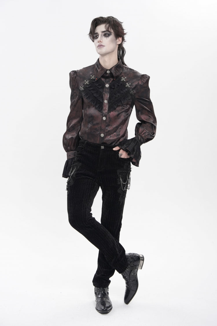Red  Cross Spider Turn-down Collar Long Trumpet Sleeves Printed Lace Men's Gothic Shirt - Product - 8
