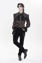 Red  Cross Spider Turn-down Collar Long Trumpet Sleeves Printed Lace Men's Gothic Shirt - Product - 8