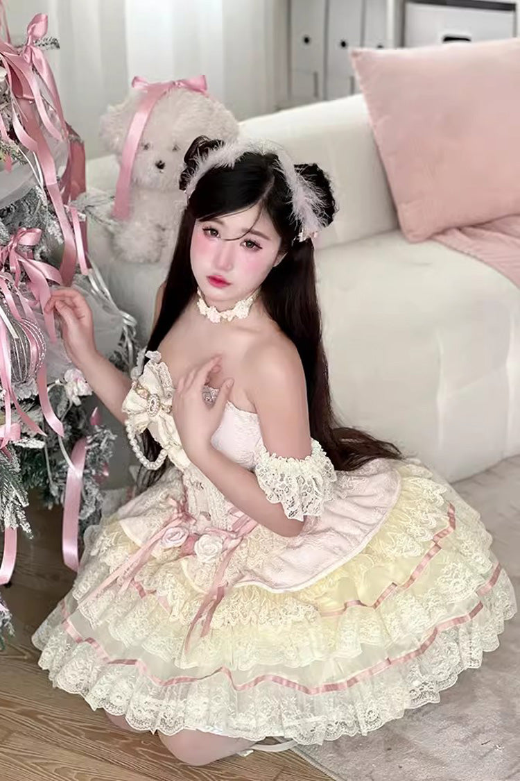 Yellow/Pink Sweet Tea Rose Dew Ruffle Bowknot Lace Sweet Lolita Skirt Dress - Product - 4