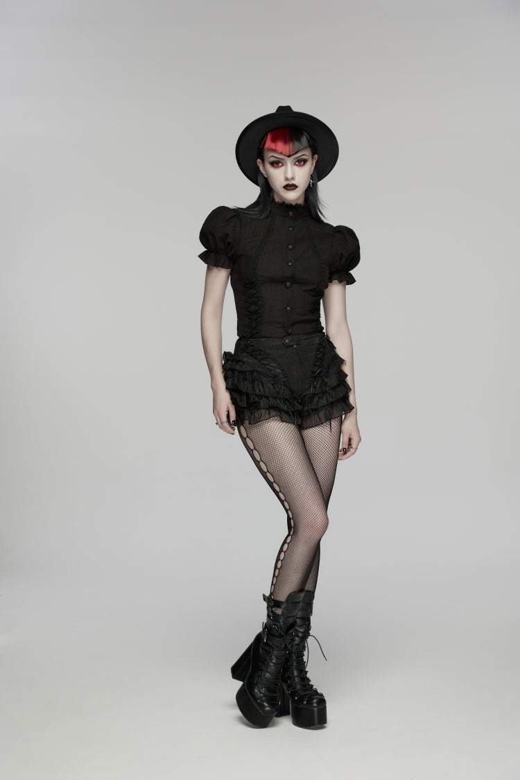 Black Multi-Layered Embroidered Lace Lace-Up Pleated Women's Gothic Shorts - Product - 8