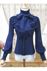 Solid Color Lantern Sleeves Stand Collar Bowknot Tie Classic Lolita Blouse 4 Colors - Navy blue - 3