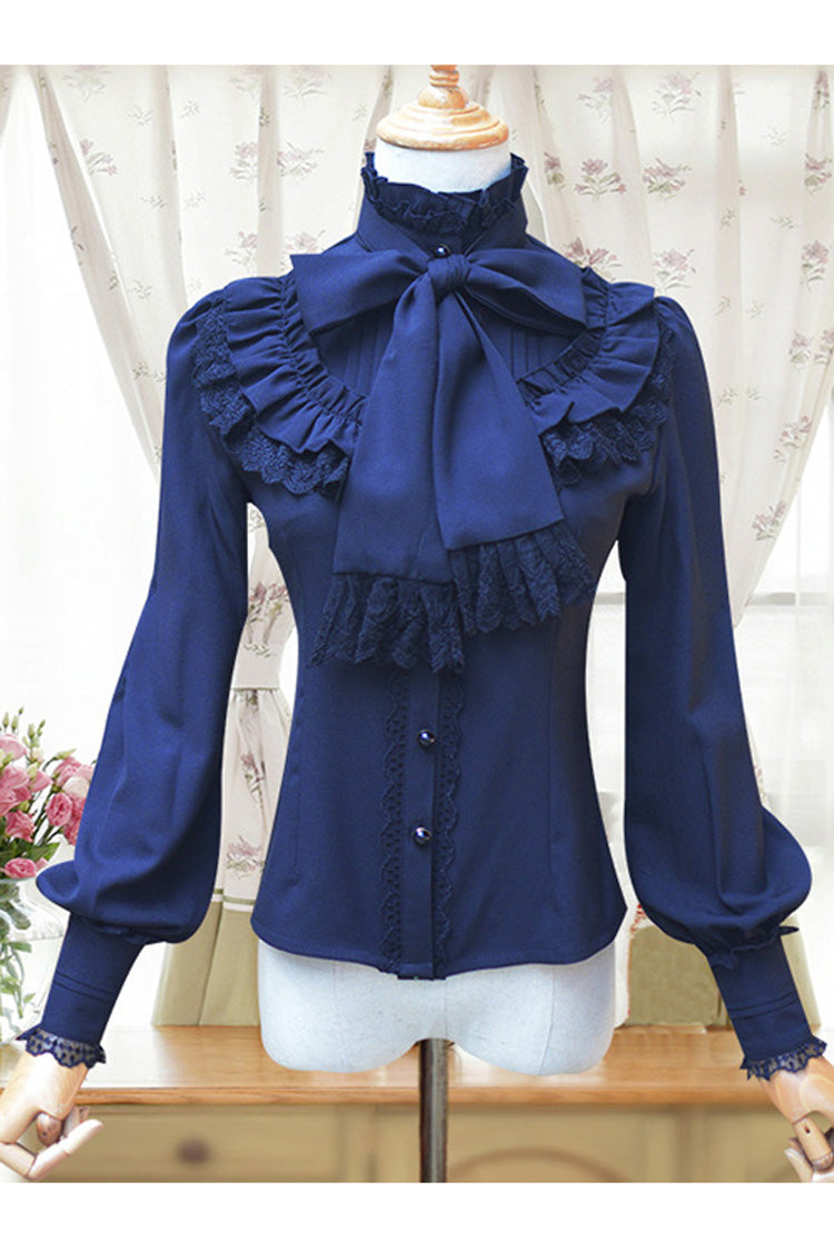 Solid Color Lantern Sleeves Stand Collar Bowknot Tie Classic Lolita Blouse 4 Colors - Navy blue - 3