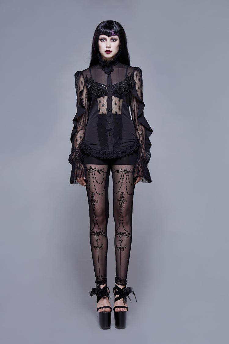 Black Chiffon High Collar Front Chest Beaded Flowers Lace Cuff Back Waist Lace Up Women's Gothic Blouse - Product - 3