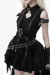 Black [Hunter] Stand Collar Off Shoulder Ruffle Embroidery Zipper Gothic Lolita Dress - Product - 3