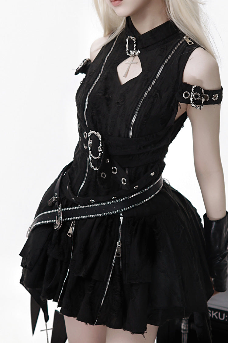 Black [Hunter] Stand Collar Off Shoulder Ruffle Embroidery Zipper Gothic Lolita Dress - Product - 3