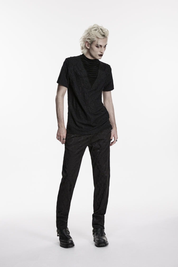 Black High Collar Short Sleeves Spliced Pleated Men's Gothic Shirt - Product - 5