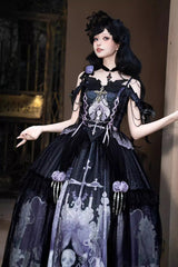 Black/Blue [Skull Magic] Print Ruffle Bowknot Gothic Elegant Lolita Skirt Two-Piece Set - Product - 7