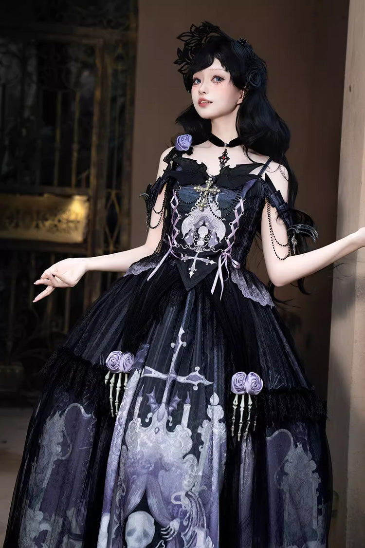 Black/Blue [Skull Magic] Print Ruffle Bowknot Gothic Elegant Lolita Skirt Two-Piece Set - Product - 7