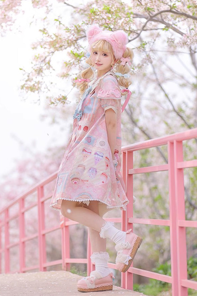 Cake Chocolate Dessert Print Short Sleeves Ruffle Bowknot Sweet Lolita Dress 2 Colors - Product - 4