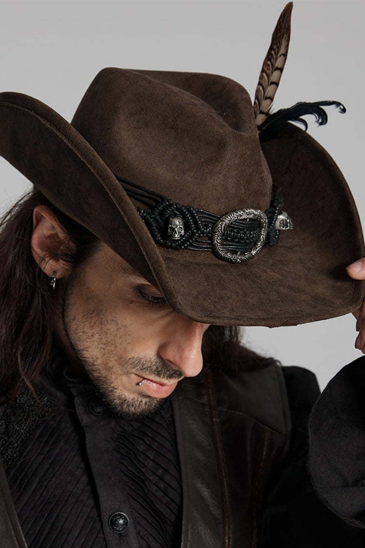 Brown Tassels Feather Skull Men's Punk Hat - Product - 3