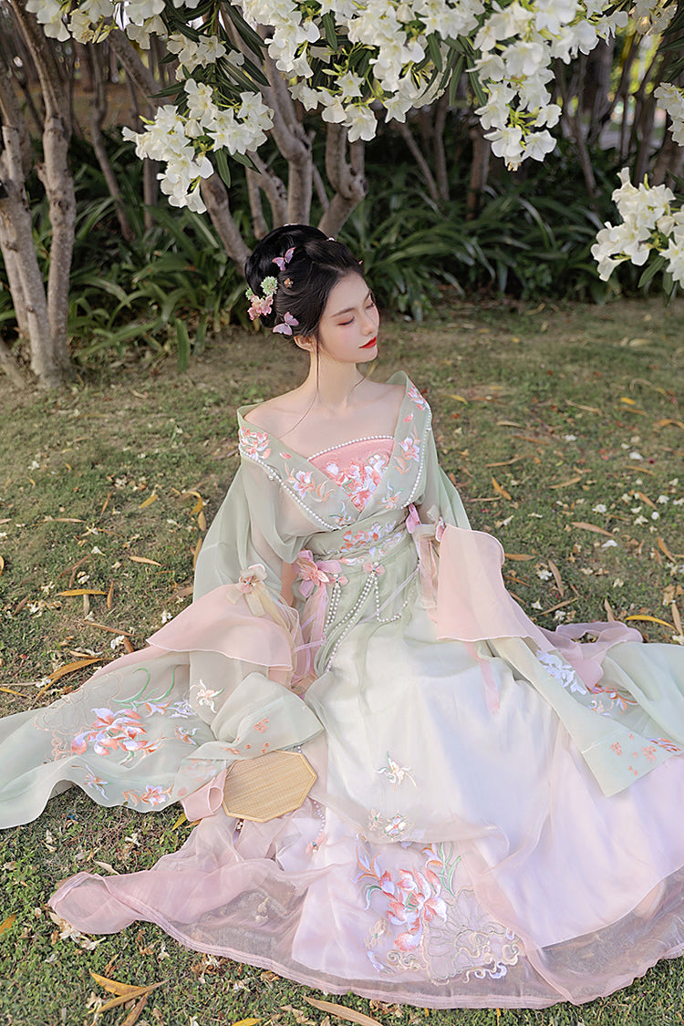 Gorgeous Embroidery With Pearl Accessories Women's Sweet Hanfu Dress Full Set 3 Colors - Product - 11