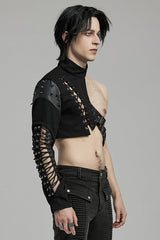 Black Stand Collar Asymmetric Rivet Buckle Men's Punk Faux Leather Harness - Product - 2