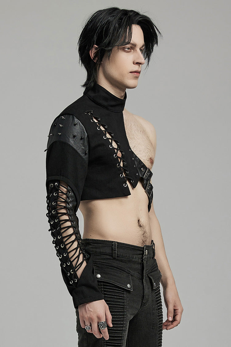 Black Stand Collar Asymmetric Rivet Buckle Men's Punk Faux Leather Harness - Product - 2