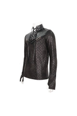 Black Stand Collar Long Sleeves Faux Leather Splice Men's Gothic Shirt - Product - 6