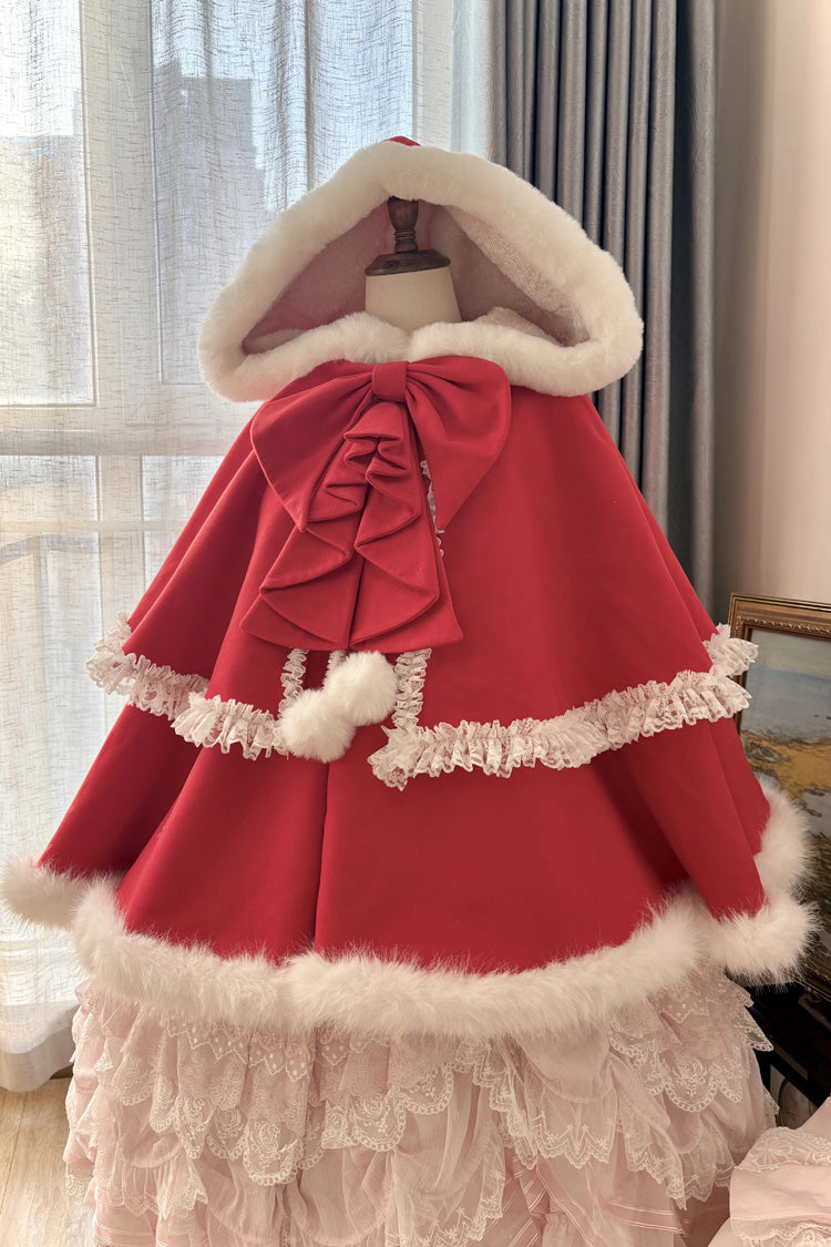 [Velvet Butterfly] Ruffle Bowknot Lace Hooded Sweet Lolita Dress Cloak Coat 4 Colors - Red - 4