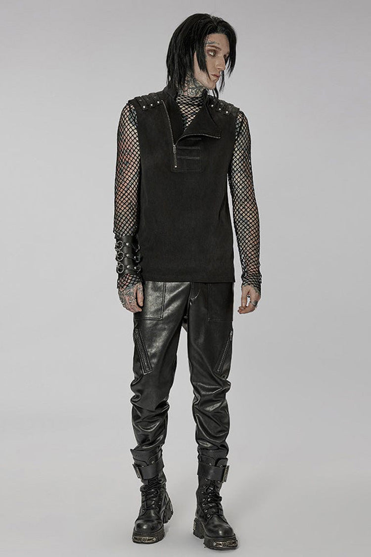 Black Punk Stand Collar Anterior Middle Asymmetry Design Zipper Shoulder Decorate Webbing Men's Vest - Product - 4