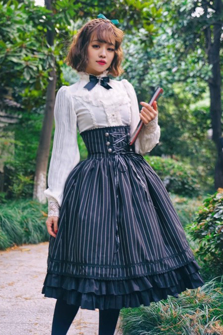 White Stand Collar Long Sleeves Ruffle Classic Elegant Lolita Blouse - Product - 5