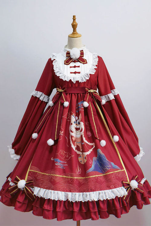 Red Lion Stepping On Hydrangea Print Bowknot Long Sleeves Multi-Layer Ruffled Sweet Lolita OP Dress - Product - 2