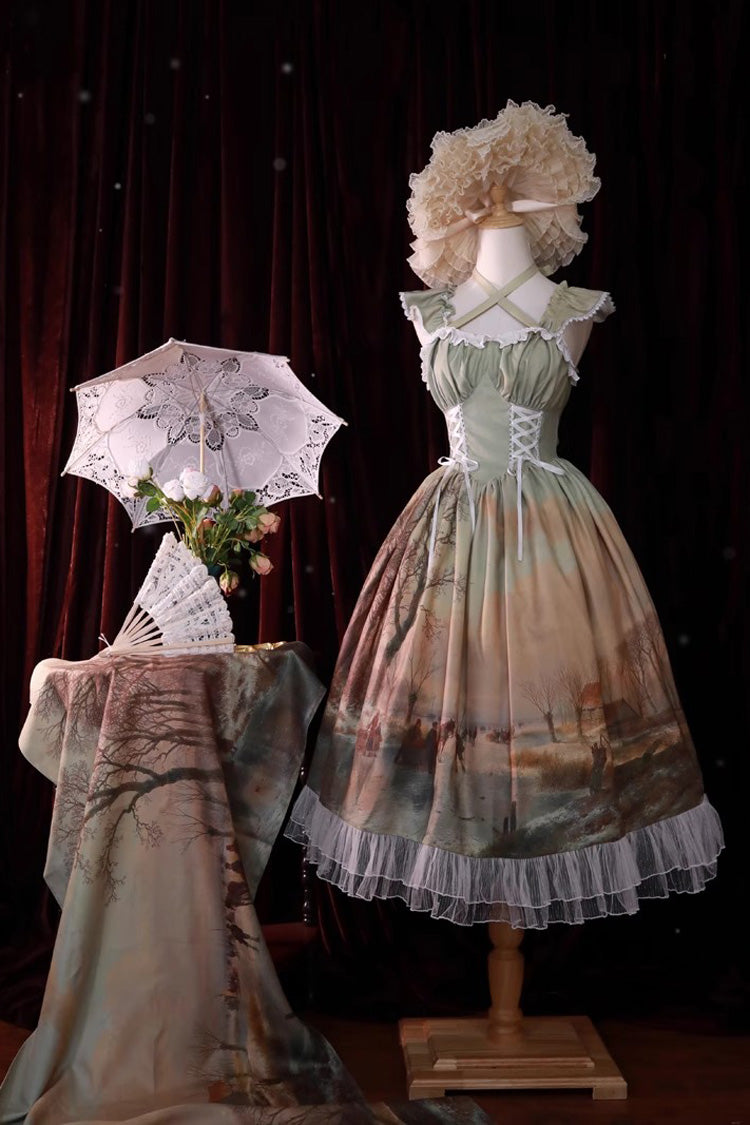 Village Print Ruffle Lace Off Shoulder Elegant Princess Sweet Lolita Jsk Dress 2 Colors - Product - 3