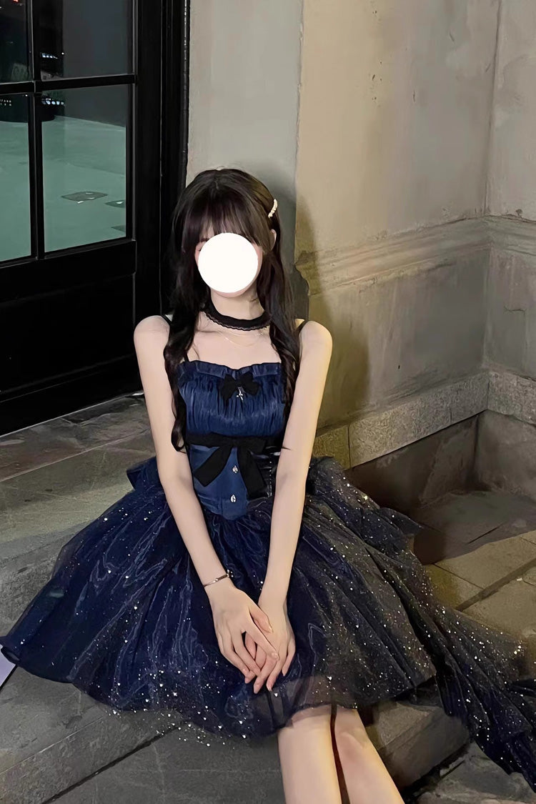 Blue Shining Bowknot Irregular Sweet Princess Gorgeous Lolita Jsk Dress (Include Train) - Product - 5