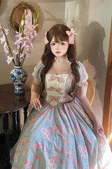 Blue Gem Rose Print Short Puff Sleeves Ruffle Bowknot Sweet Plus Size Lolita Dress - Product - 6