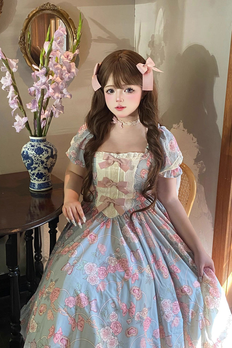 Blue Gem Rose Print Short Puff Sleeves Ruffle Bowknot Sweet Plus Size Lolita Dress - Product - 6