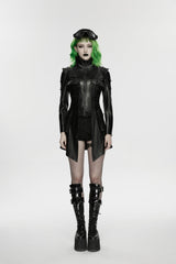 Black Lapel Collar Long Sleeves Lace-Up Slim Zippered Chain-Decorated Women's Punk Jacket - Product - 4