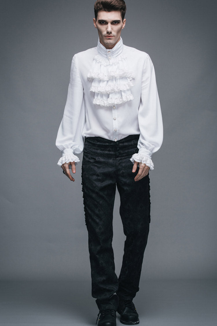 White Ruffled Lace Button-Up Micro-bullet Chiffon Long Sleeve Men's Gothic Shirt - Product - 9
