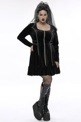 Black Stretch-Velvet Chain Print Decoration Webbing Long Sleeve Straps Women's Plus Size Gothic Dress - Product - 4