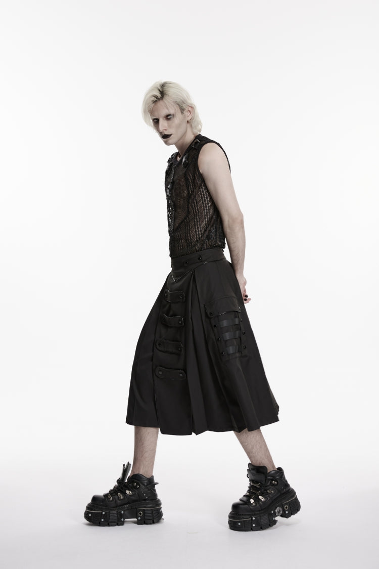 Black Studded Zippered  Big Pockets Pleated Men's Punk Skirt - Product - 5
