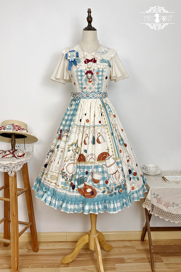 Blue/Green Tea Party Print Ruffle Bowknot Lace Sweet Elegant (Dress Only) detail view 5