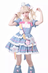 Blue/Pink Garden Party Short Puff Sleeves Multi-layer Ruffle Bowknot Sweet Lolita Dress - Blue/Pink - 1