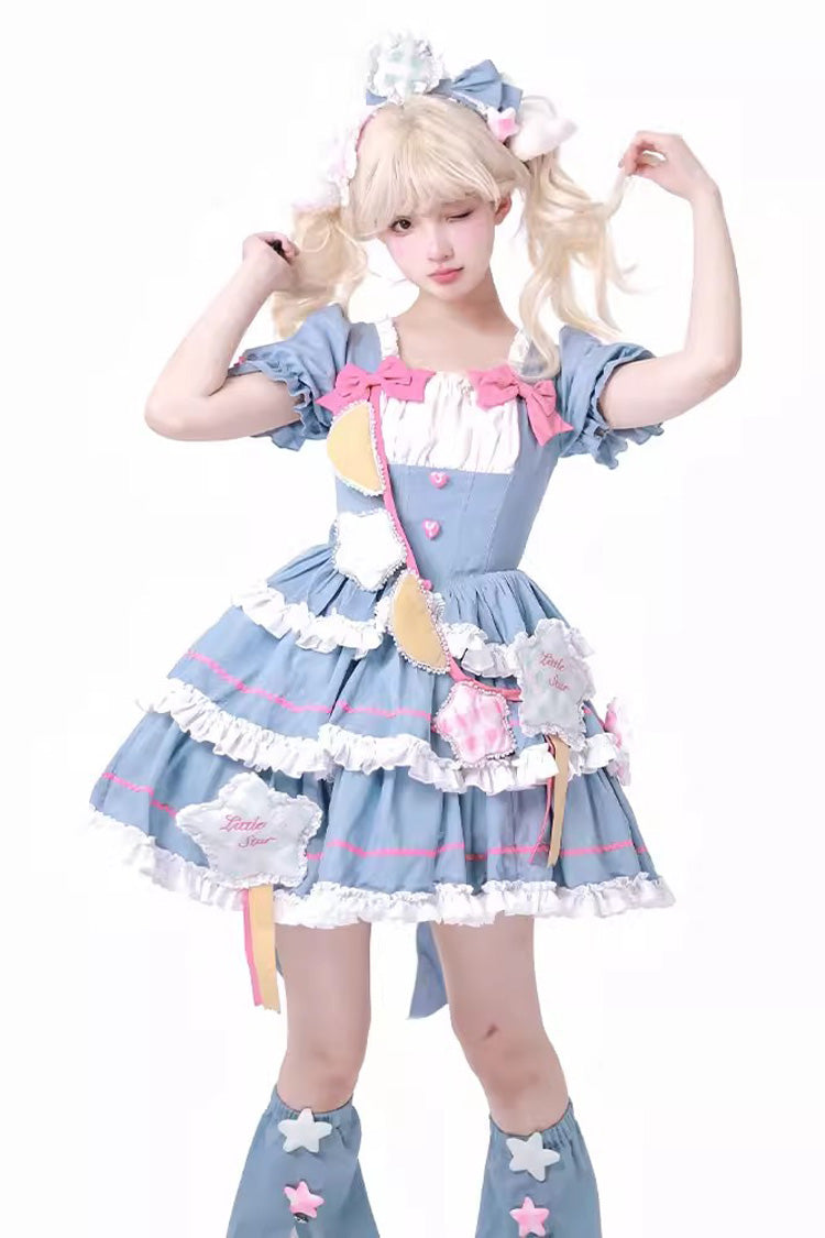 Blue/Pink Garden Party Short Puff Sleeves Multi-layer Ruffle Bowknot Sweet Lolita Dress - Blue/Pink - 1
