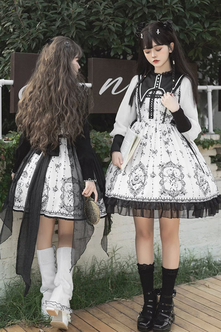 Black/White Long Sleeves Lace Ruffle Butterfly Magic Print Gothic Lolita OP Dress - Product - 9