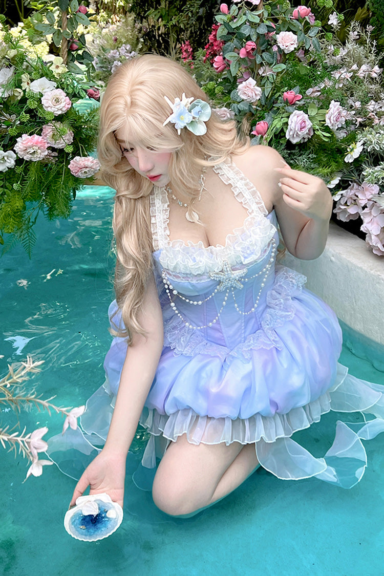 Blue [Starlight Jellyfish Princess] Halterneck Sleeveless Ruffle Lace Sweet Lolita Jsk Dress - Product - 6