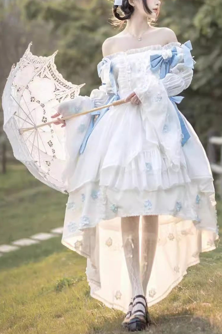 White Boat Neck Multi-layer Ruffle Hanayome Bowknot Sweet Princess Lolita Strapless Dress - White - 1