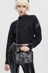 Black Punk Leather Imitation Collar Design Metal Rivet Zipper Women's Bag - Product - 2